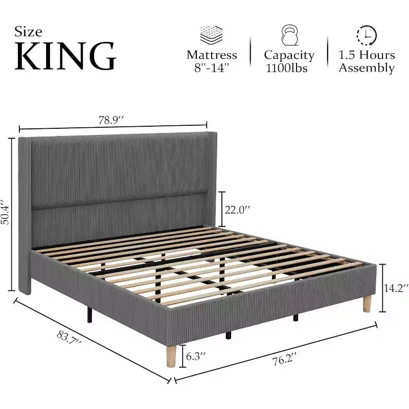 Full Size Upholstered Bed Frame, Corduroy Platform with Vertical Channel Tufted Wingback Headboard, Wood Slats, No Box Spring, Grey