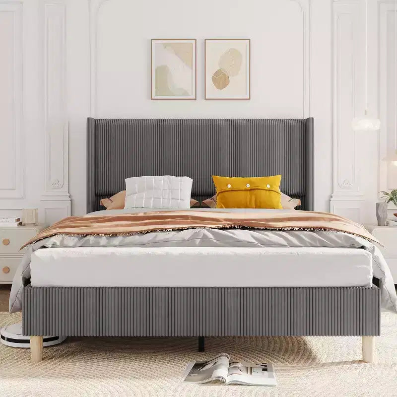 Full Size Upholstered Bed Frame, Corduroy Platform with Vertical Channel Tufted Wingback Headboard, Wood Slats, No Box Spring, Grey