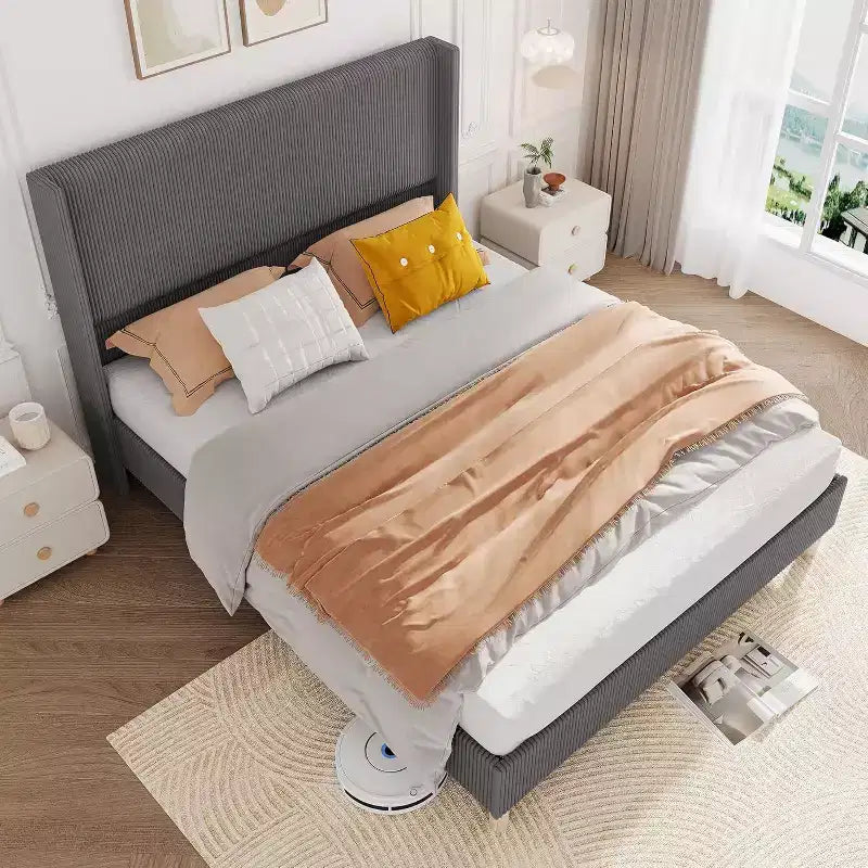 Full Size Upholstered Bed Frame, Corduroy Platform with Vertical Channel Tufted Wingback Headboard, Wood Slats, No Box Spring, Grey