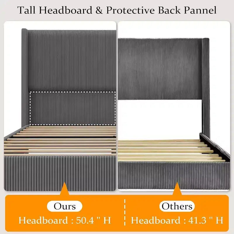 Full Size Upholstered Bed Frame, Corduroy Platform with Vertical Channel Tufted Wingback Headboard, Wood Slats, No Box Spring, Grey