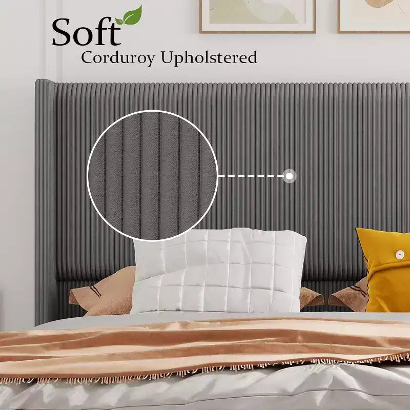 Full Size Upholstered Bed Frame, Corduroy Platform with Vertical Channel Tufted Wingback Headboard, Wood Slats, No Box Spring, Grey