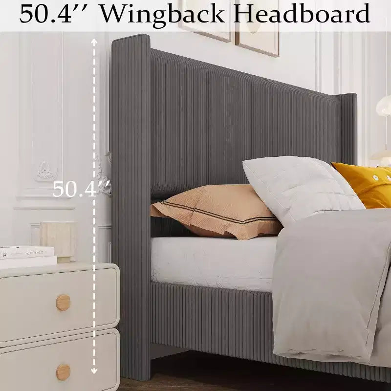 Full Size Upholstered Bed Frame, Corduroy Platform with Vertical Channel Tufted Wingback Headboard, Wood Slats, No Box Spring, Grey