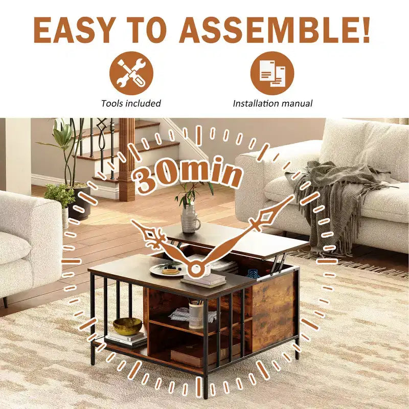 31.5 Farmhouse Lift-Top Coffee Table with Adjustable Height, Hidden Compartment & 3 Shelves for Living Room