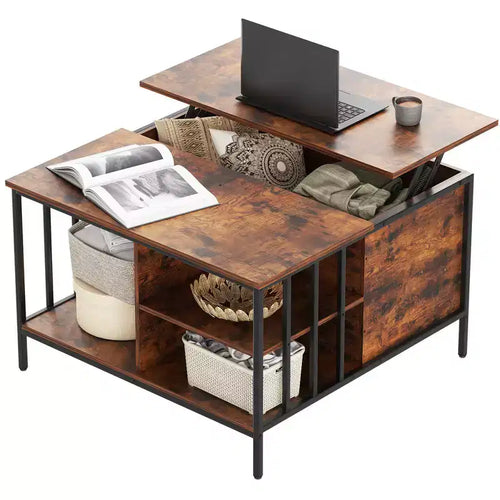 31.5 Farmhouse Lift-Top Coffee Table with Adjustable Height, Hidden Compartment & 3 Shelves for Living Room