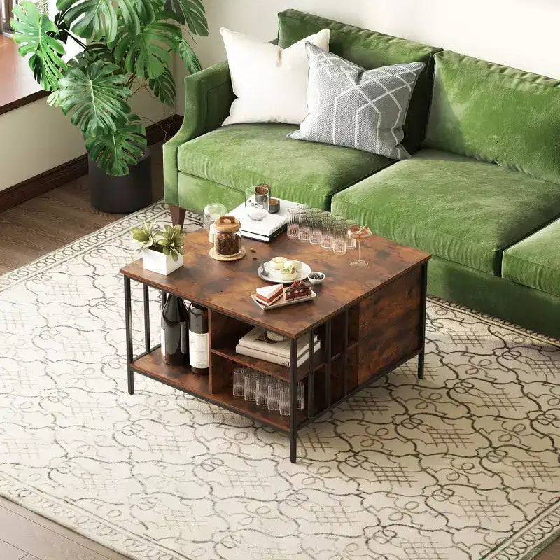 31.5 Farmhouse Lift-Top Coffee Table with Adjustable Height, Hidden Compartment & 3 Shelves for Living Room