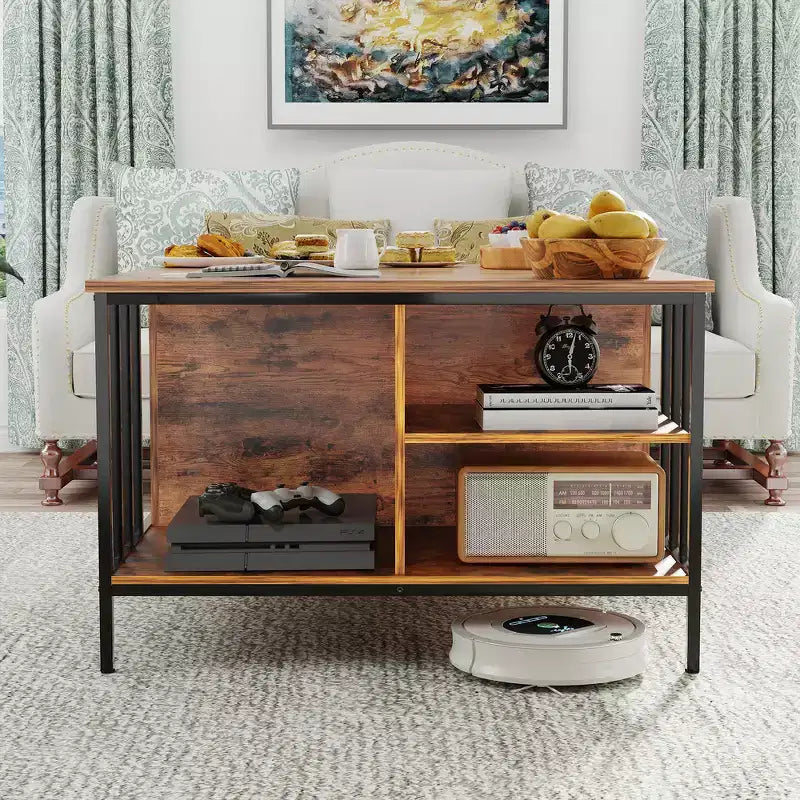 31.5 Farmhouse Lift-Top Coffee Table with Adjustable Height, Hidden Compartment & 3 Shelves for Living Room