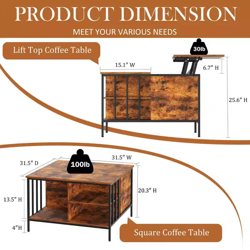 31.5 Farmhouse Lift-Top Coffee Table with Adjustable Height, Hidden Compartment & 3 Shelves for Living Room