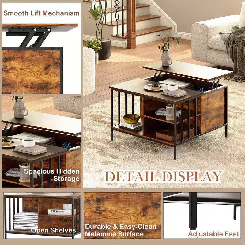 31.5 Farmhouse Lift-Top Coffee Table with Adjustable Height, Hidden Compartment & 3 Shelves for Living Room