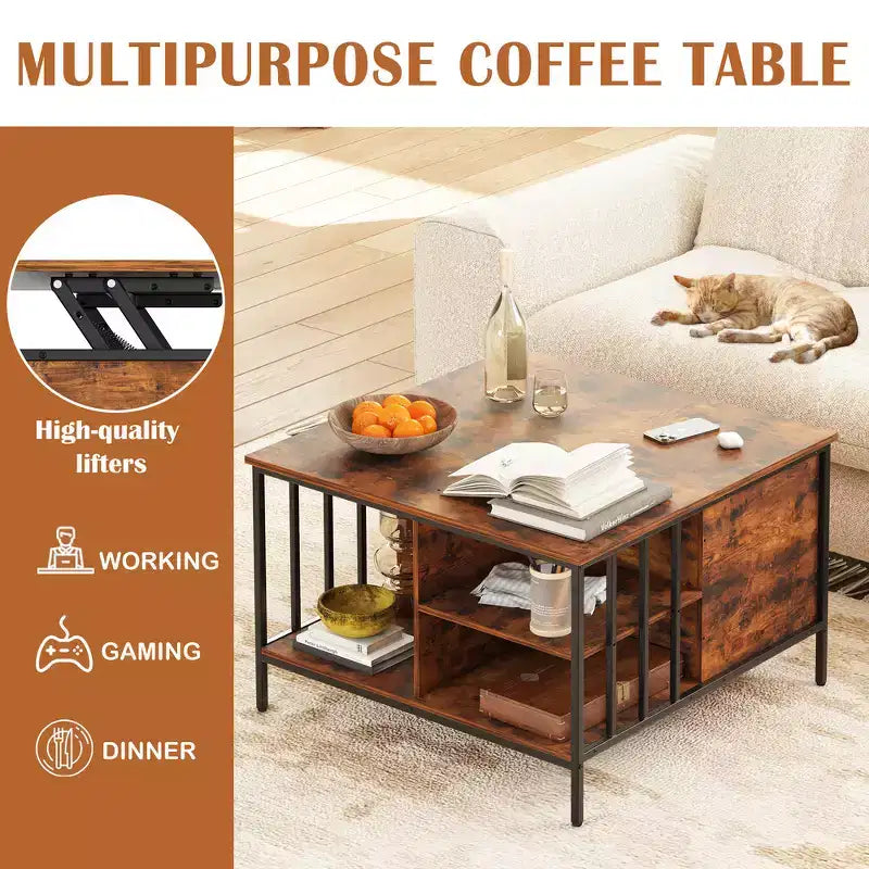 31.5 Farmhouse Lift-Top Coffee Table with Adjustable Height, Hidden Compartment & 3 Shelves for Living Room