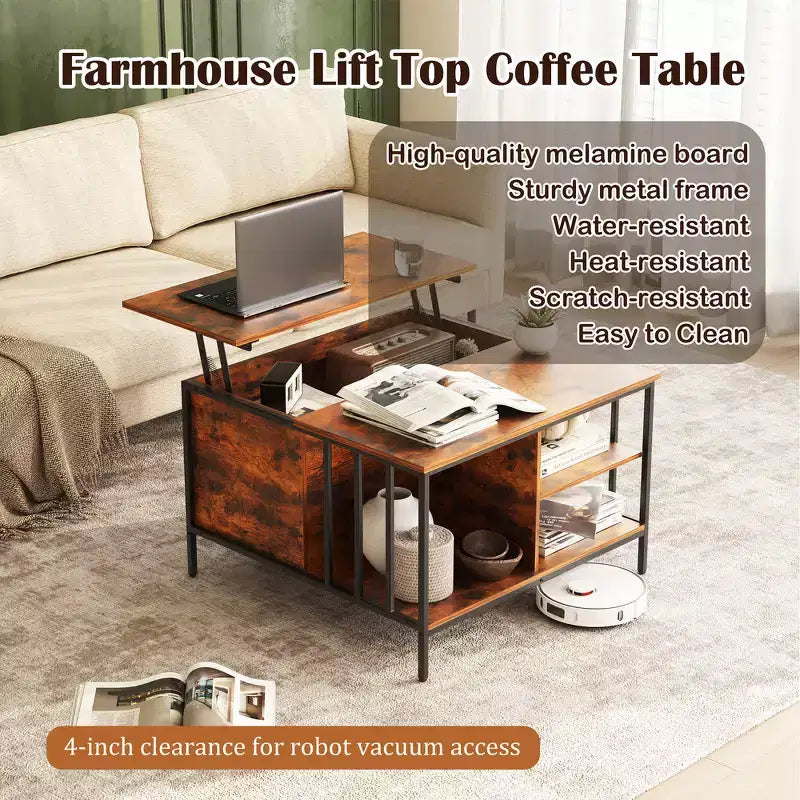 31.5 Farmhouse Lift-Top Coffee Table with Adjustable Height, Hidden Compartment & 3 Shelves for Living Room