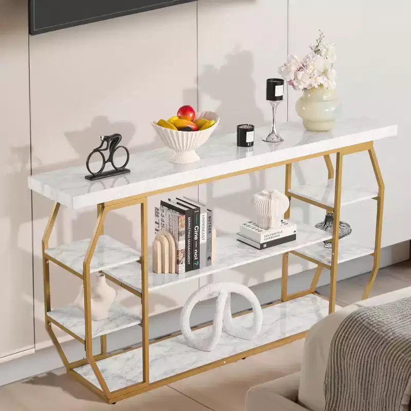 Marble Console Table, 3 Tiers Modern Console Table for Open Storage, Golden Geometric Table with Iron Tubes, Anti-Tip Device, Gold