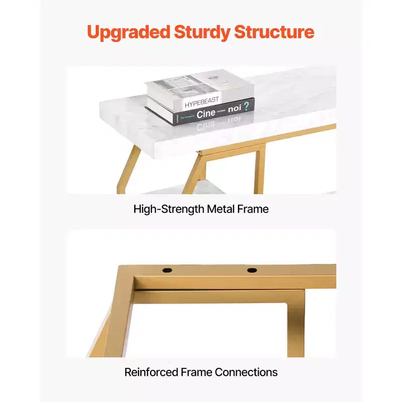 Marble Console Table, 3 Tiers Modern Console Table for Open Storage, Golden Geometric Table with Iron Tubes, Anti-Tip Device, Gold