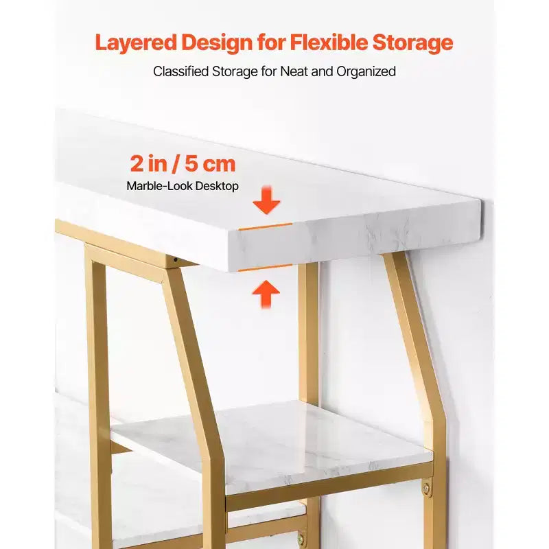 Marble Console Table, 3 Tiers Modern Console Table for Open Storage, Golden Geometric Table with Iron Tubes, Anti-Tip Device, Gold