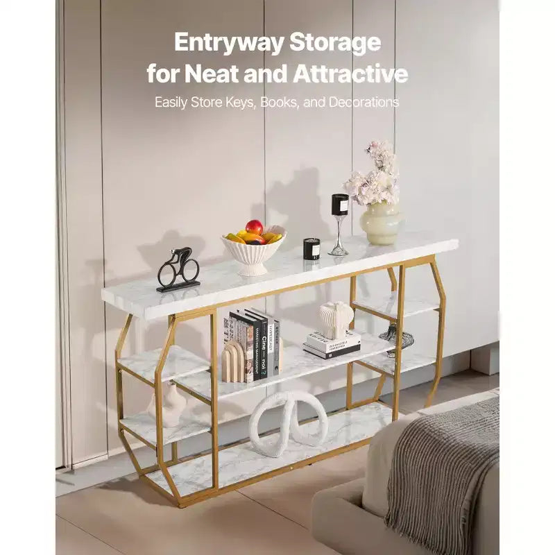 Marble Console Table, 3 Tiers Modern Console Table for Open Storage, Golden Geometric Table with Iron Tubes, Anti-Tip Device, Gold