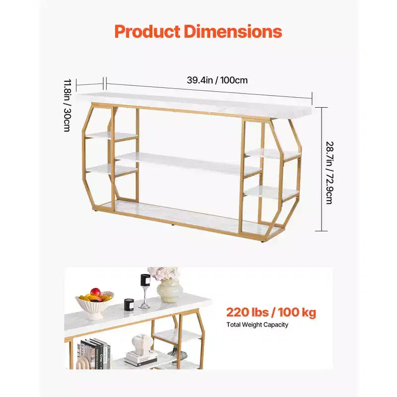 Marble Console Table, 3 Tiers Modern Console Table for Open Storage, Golden Geometric Table with Iron Tubes, Anti-Tip Device, Gold
